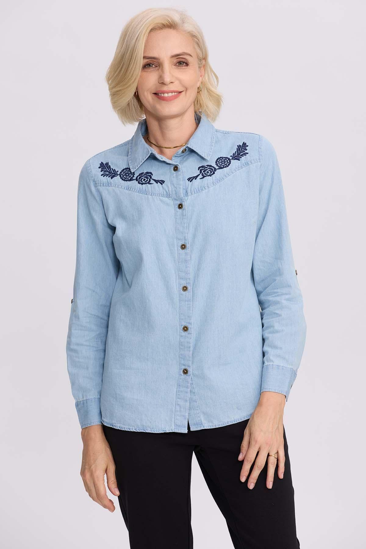 Blusa Mujer Denim Bordada Azul Claro-0