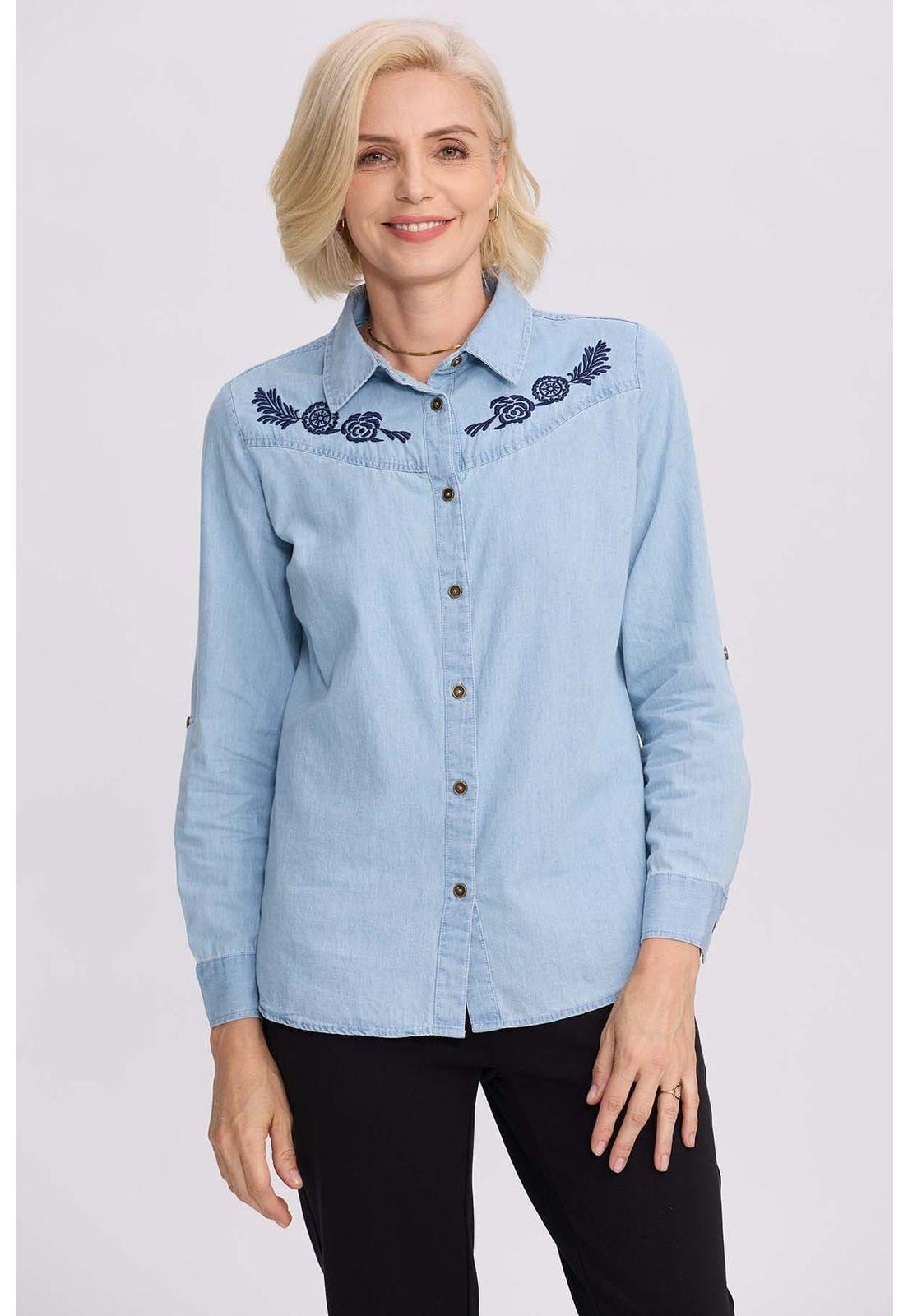 Blusa Mujer Denim Bordada Azul Claro-0