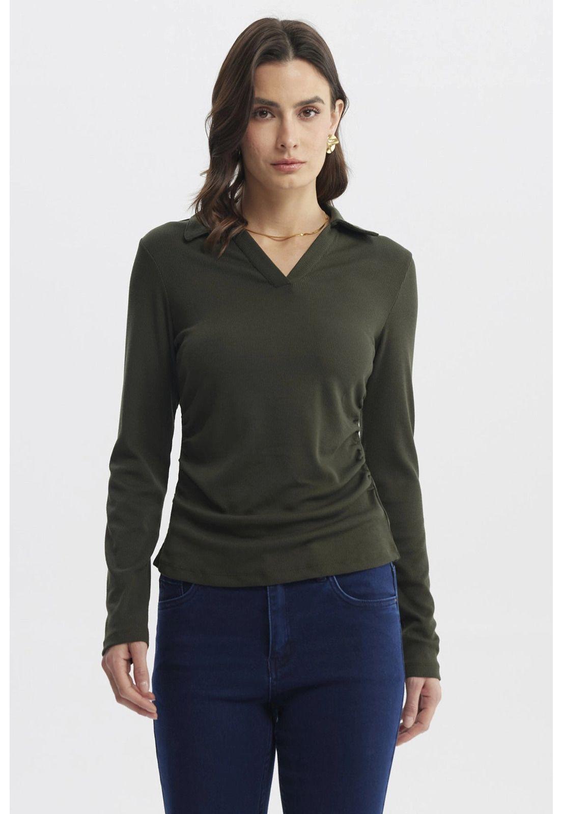 Polera Mujer Cuello Camisero Verde Musgo-0