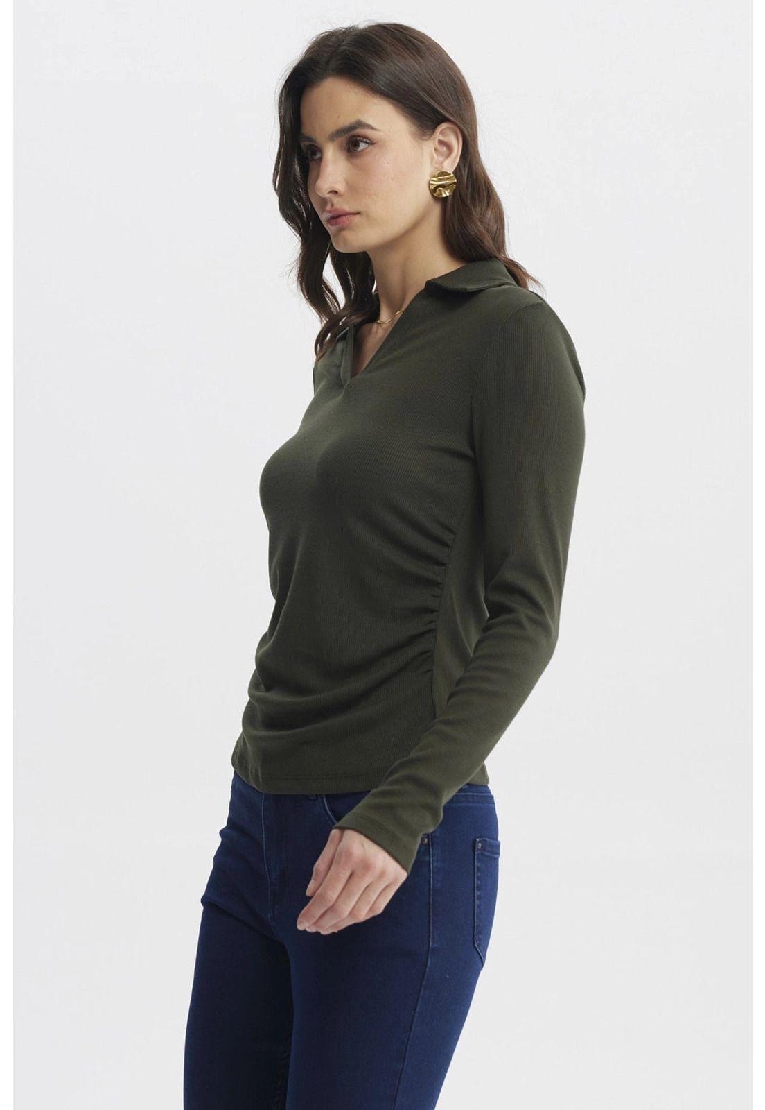 Polera Mujer Cuello Camisero Verde Musgo-1