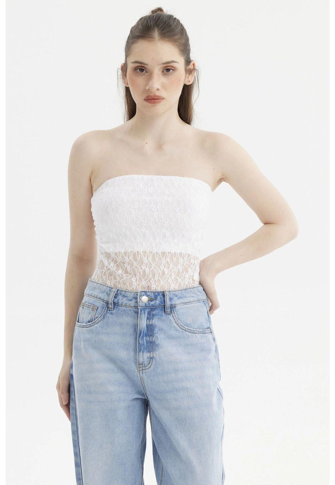 Polera Mujer Ajustado Encaje Blanco-0