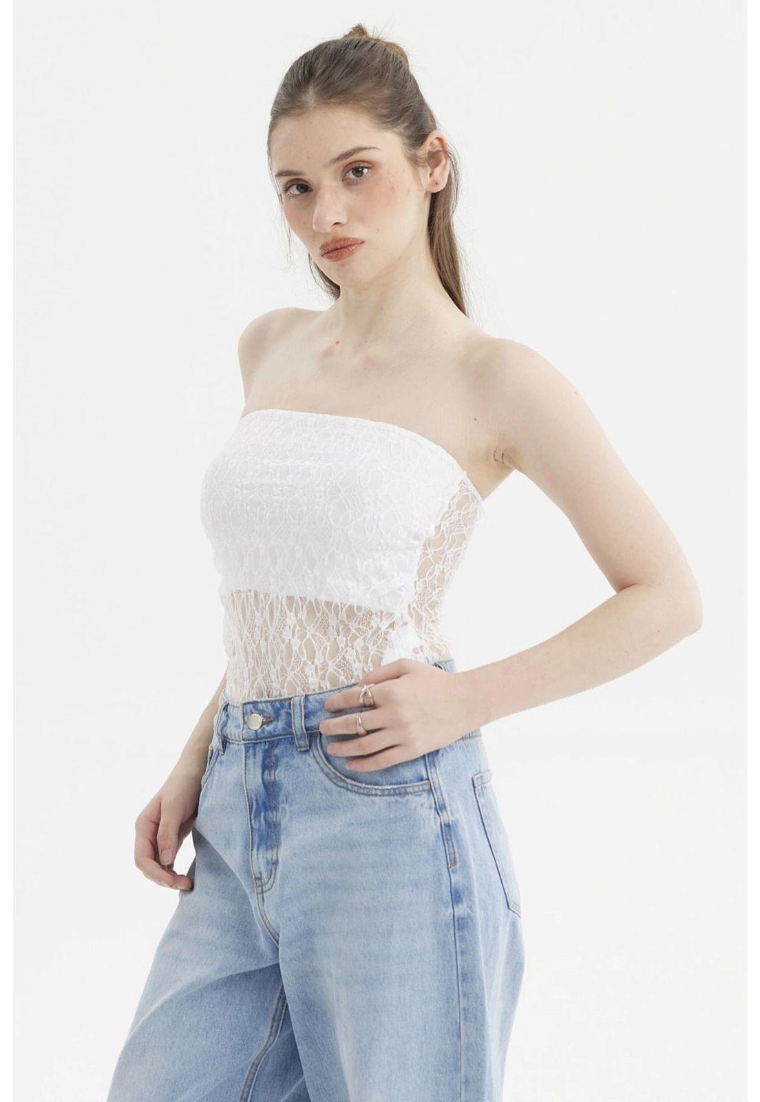 Polera Mujer Ajustado Encaje Blanco-1