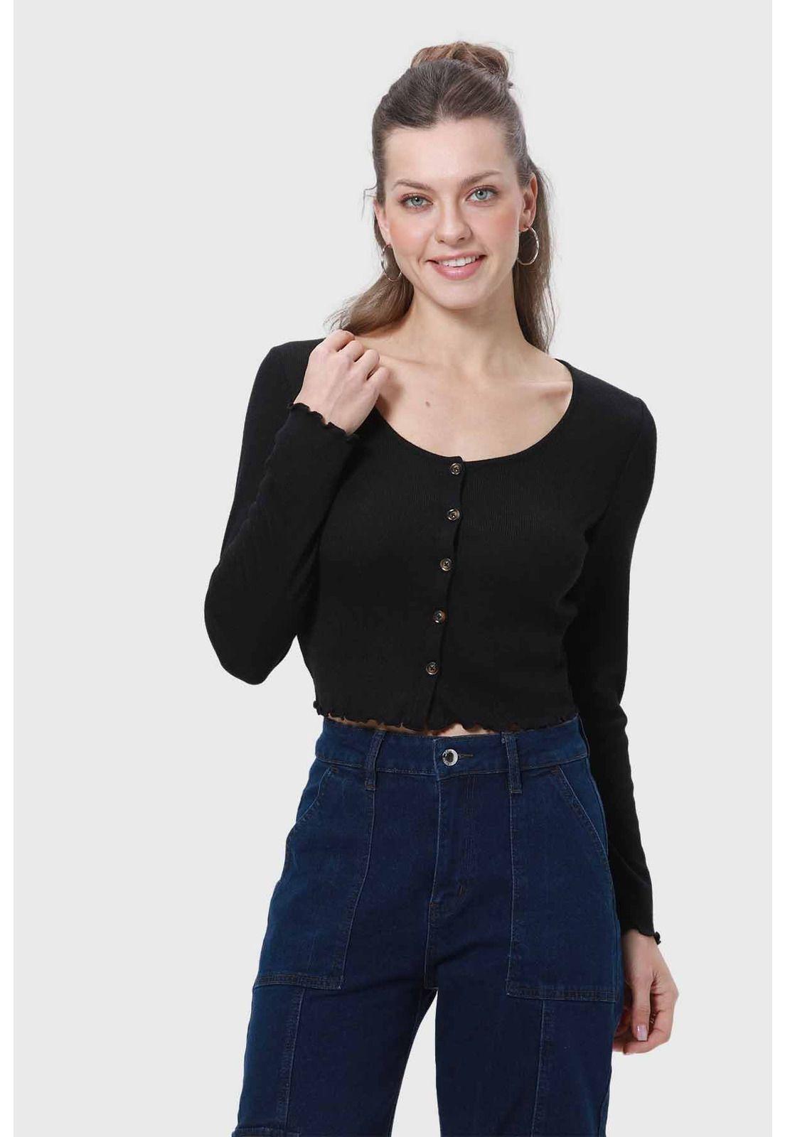 Polera Mujer Rib Botones Negro-0