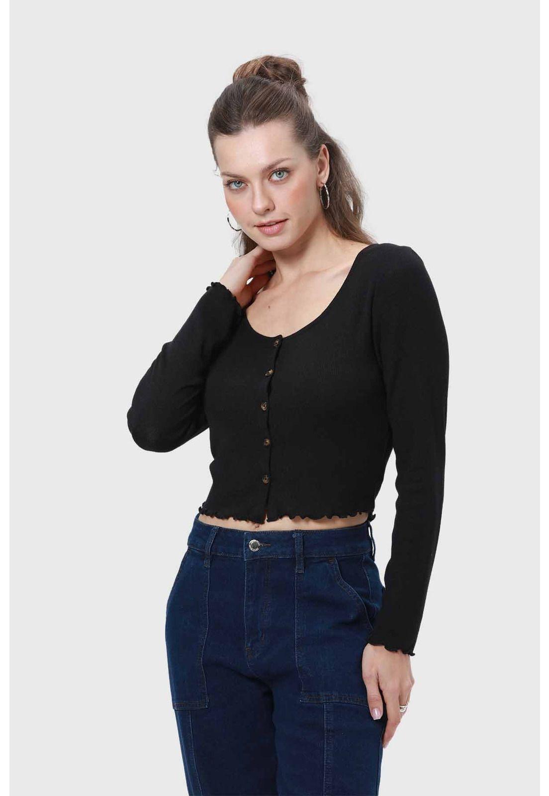 Polera Mujer Rib Botones Negro-1