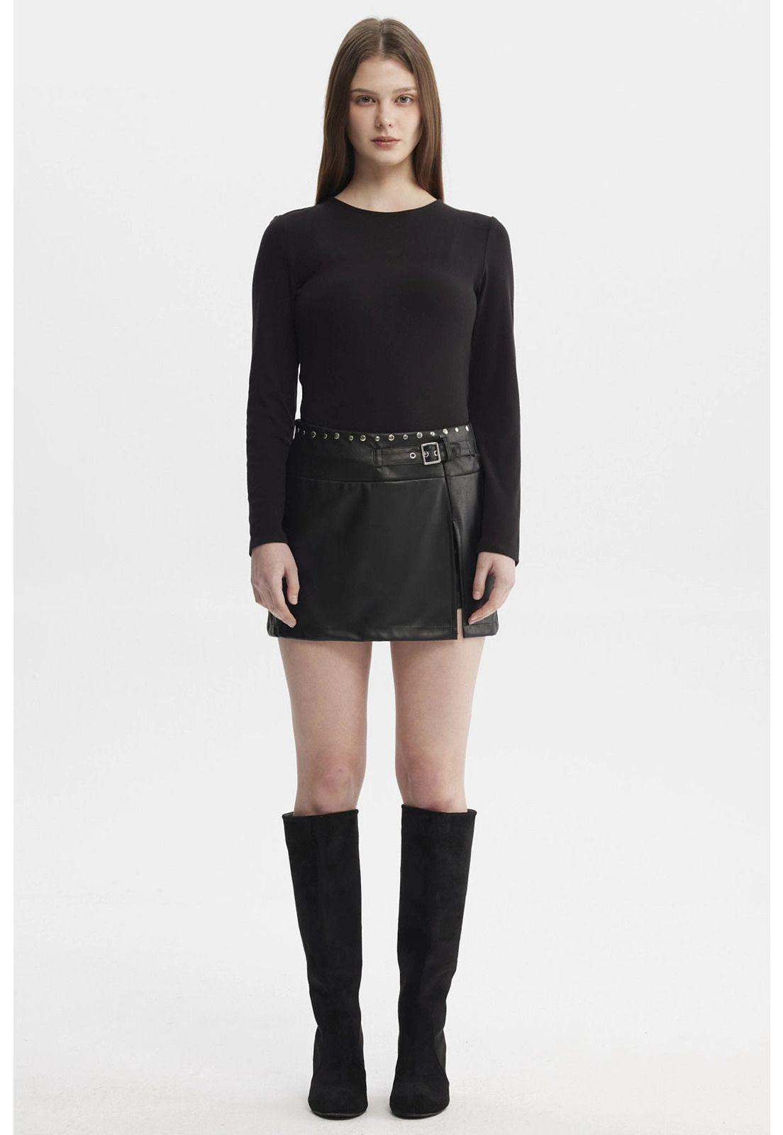 Falda Mujer Aplicación Tachas Negro - ll-3