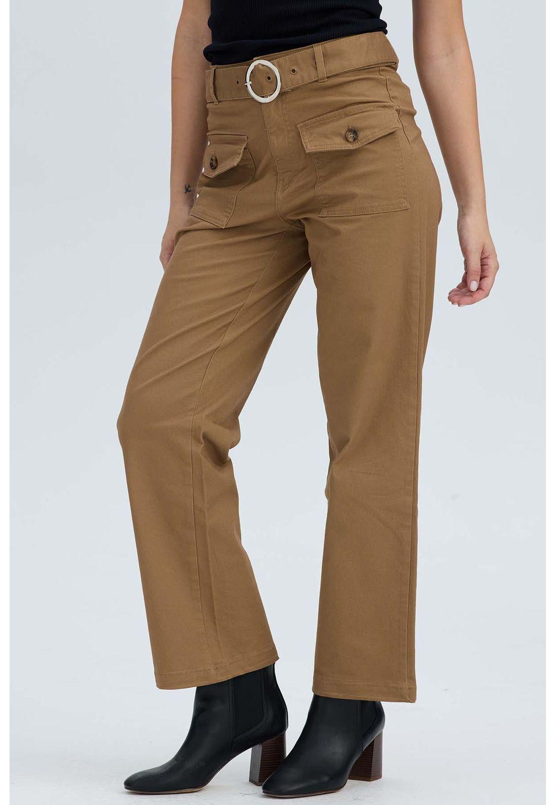 Pantalón Mujer Con Cinturón Y Bolsillos Café Claro-2
