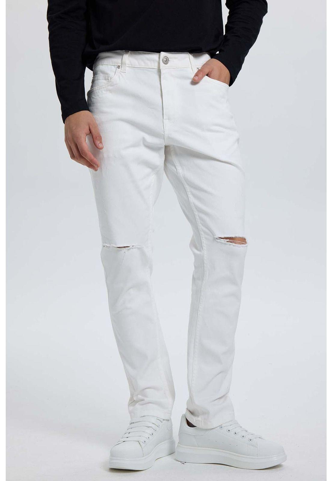 Jeans Hombre Slim Rotura Blanco-0