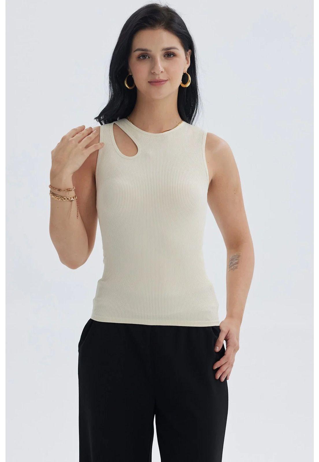 Polera Mujer Lisa Abertura Arena-0