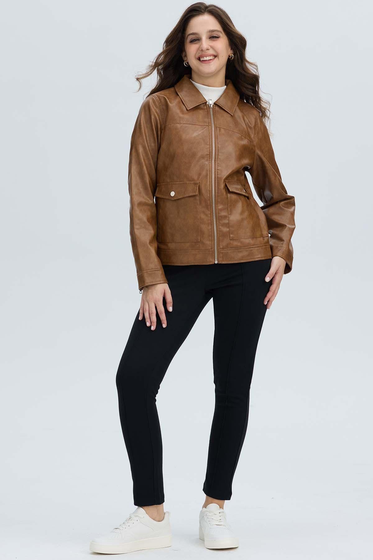 Chaqueta Mujer Efecto Cuero Camel Oscuro-3