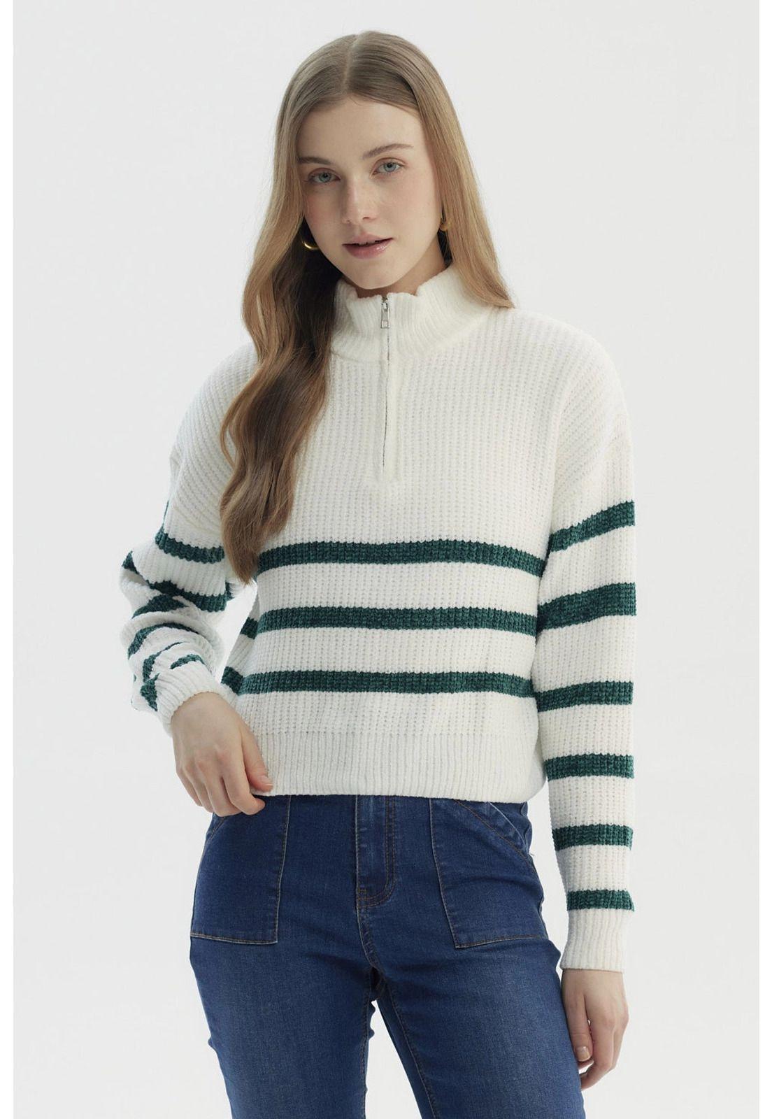 Sweater Mujer Half Zipper Crudo/Verde-0