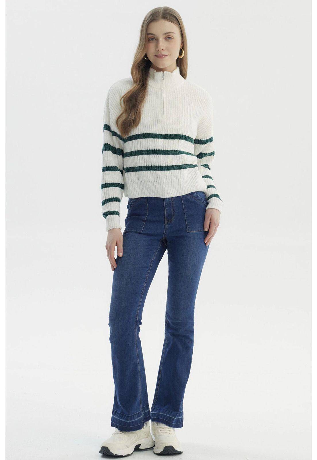 Sweater Mujer Half Zipper Crudo/Verde-3