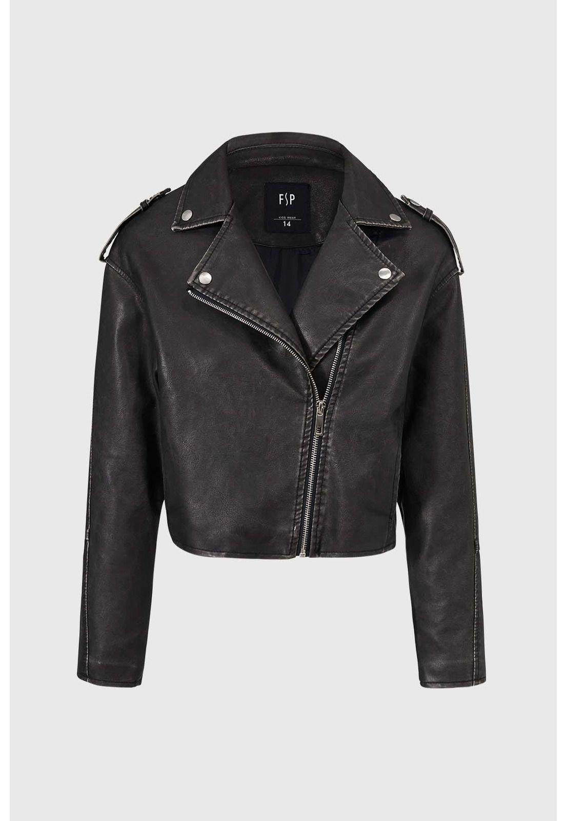 Chaqueta Niña Efecto Cuero Desgastada Negro-0