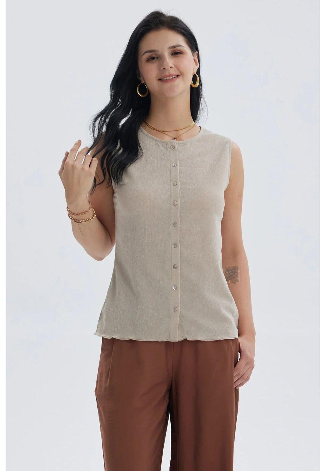 Polera Mujer Aplicación Botones Beige-0