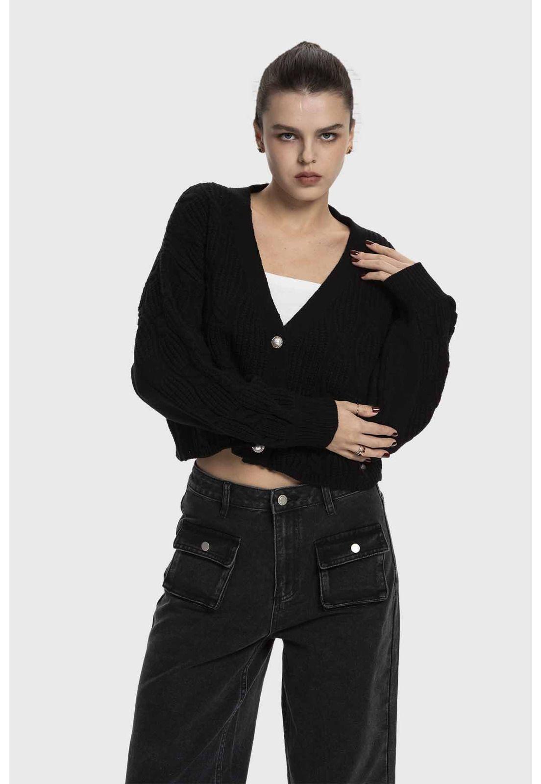 Sweater Mujer Cuello V Abierto Negro-0