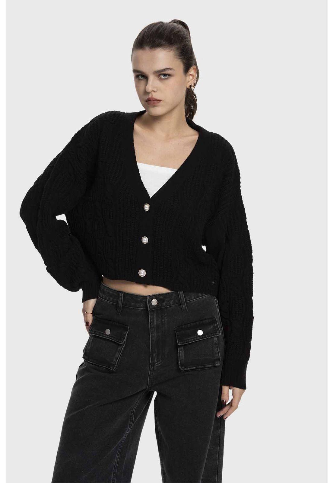 Sweater Mujer Cuello V Abierto Negro-1
