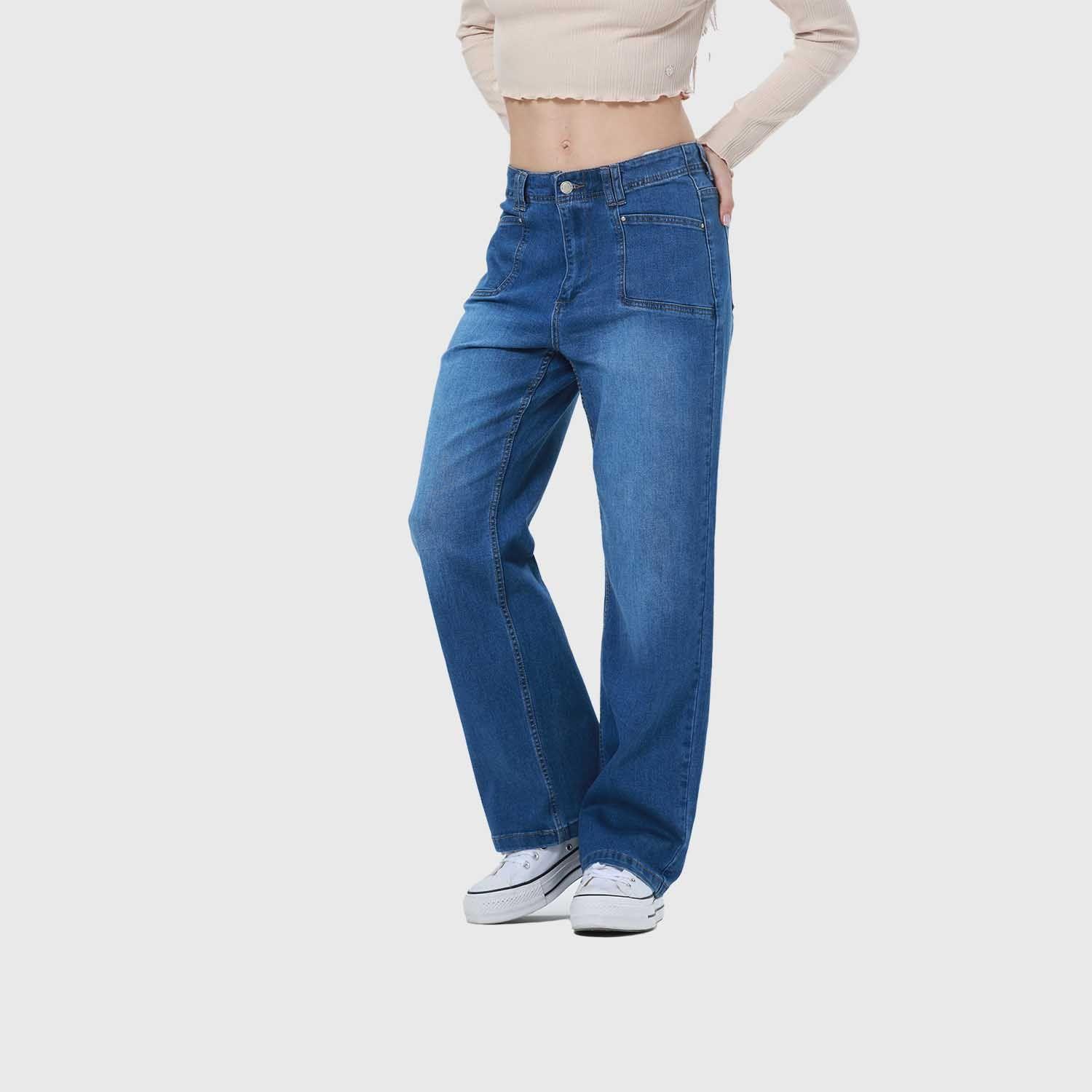 Jeans Mujer Bolsillo D Calce Recto Azul-1