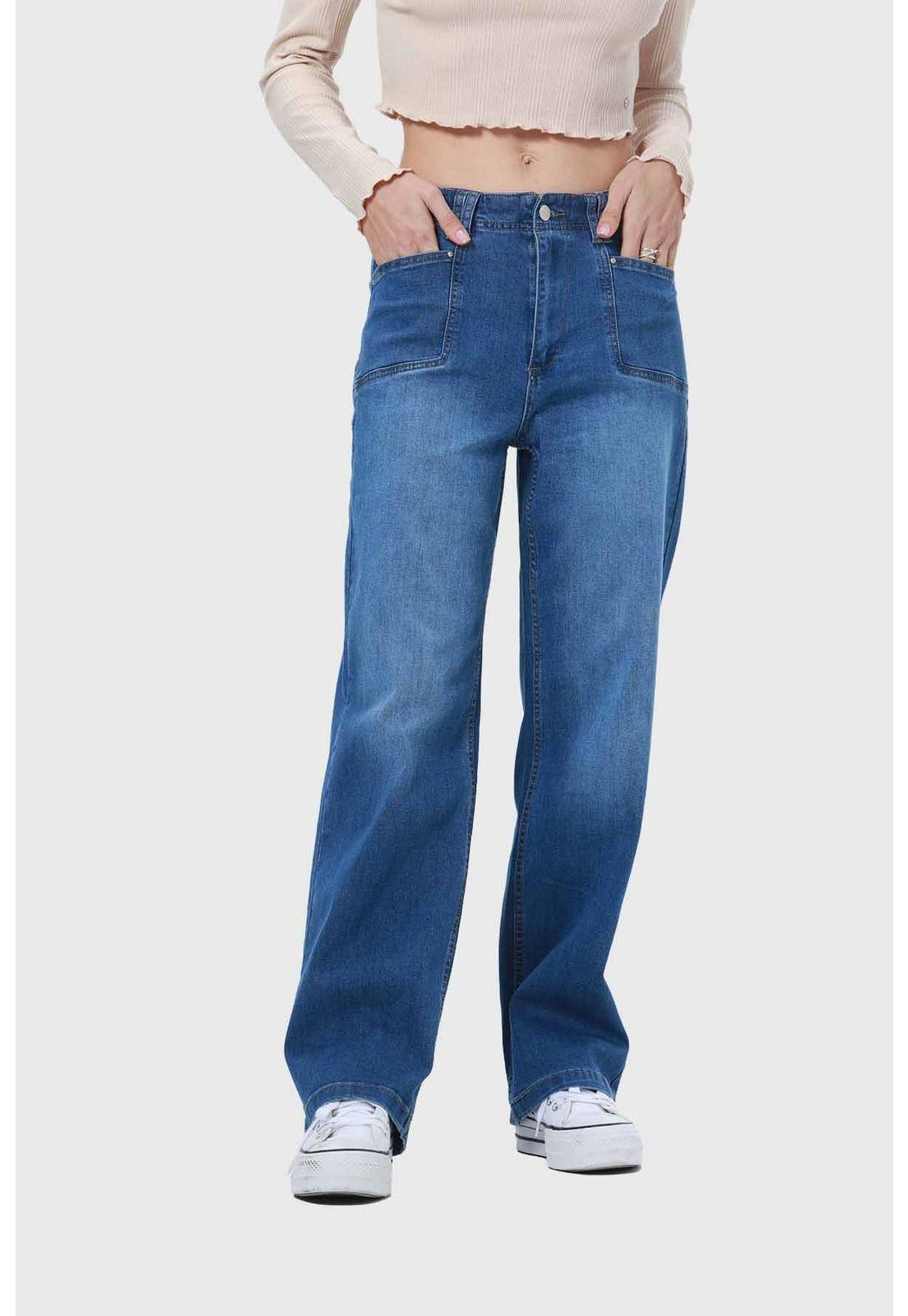 Jeans Mujer Bolsillo D Calce Recto Azul-0