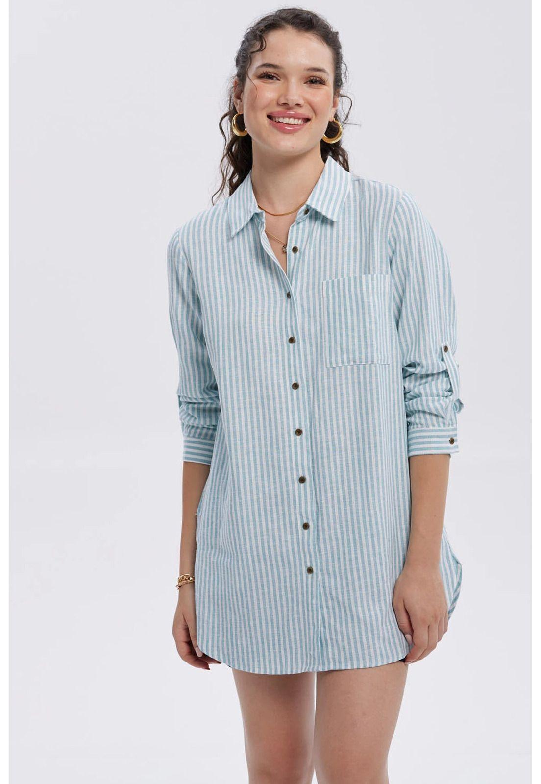 Blusa Mujer Lino Abotonada Lisa Celeste-0