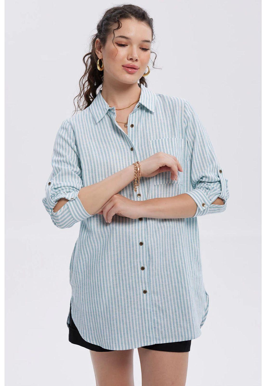 Blusa Mujer Lino Abotonada Lisa Celeste-1