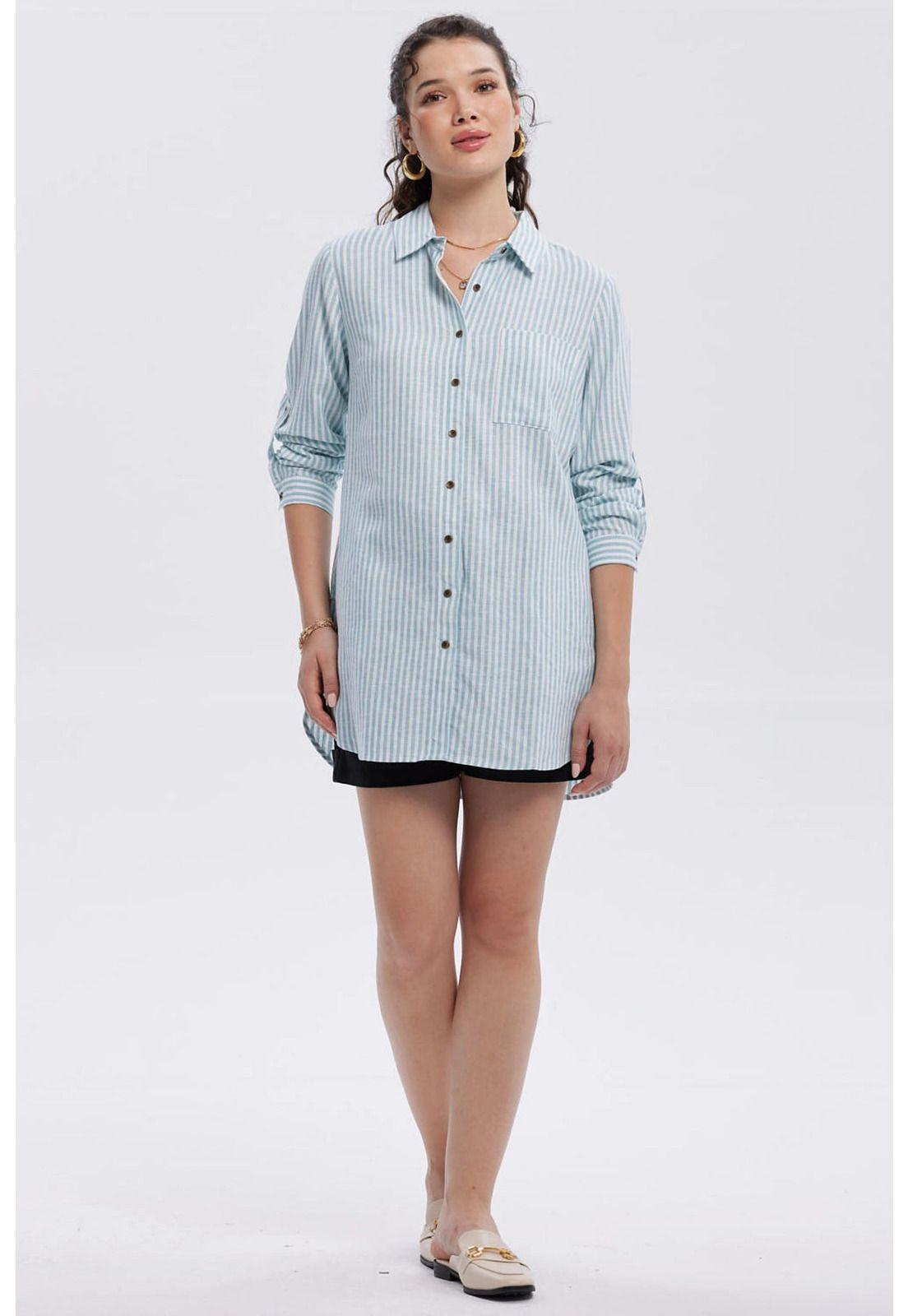 Blusa Mujer Lino Abotonada Lisa Celeste-3