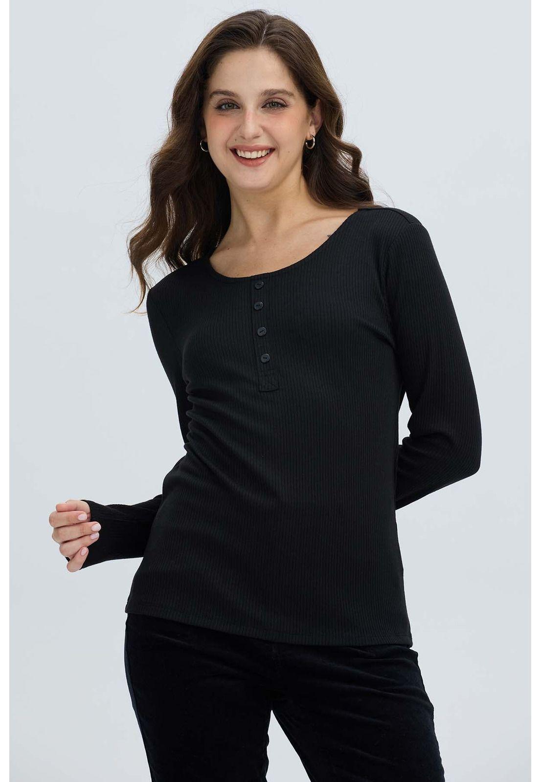 Polera Mujer Botón Rib Lisa Negro-0