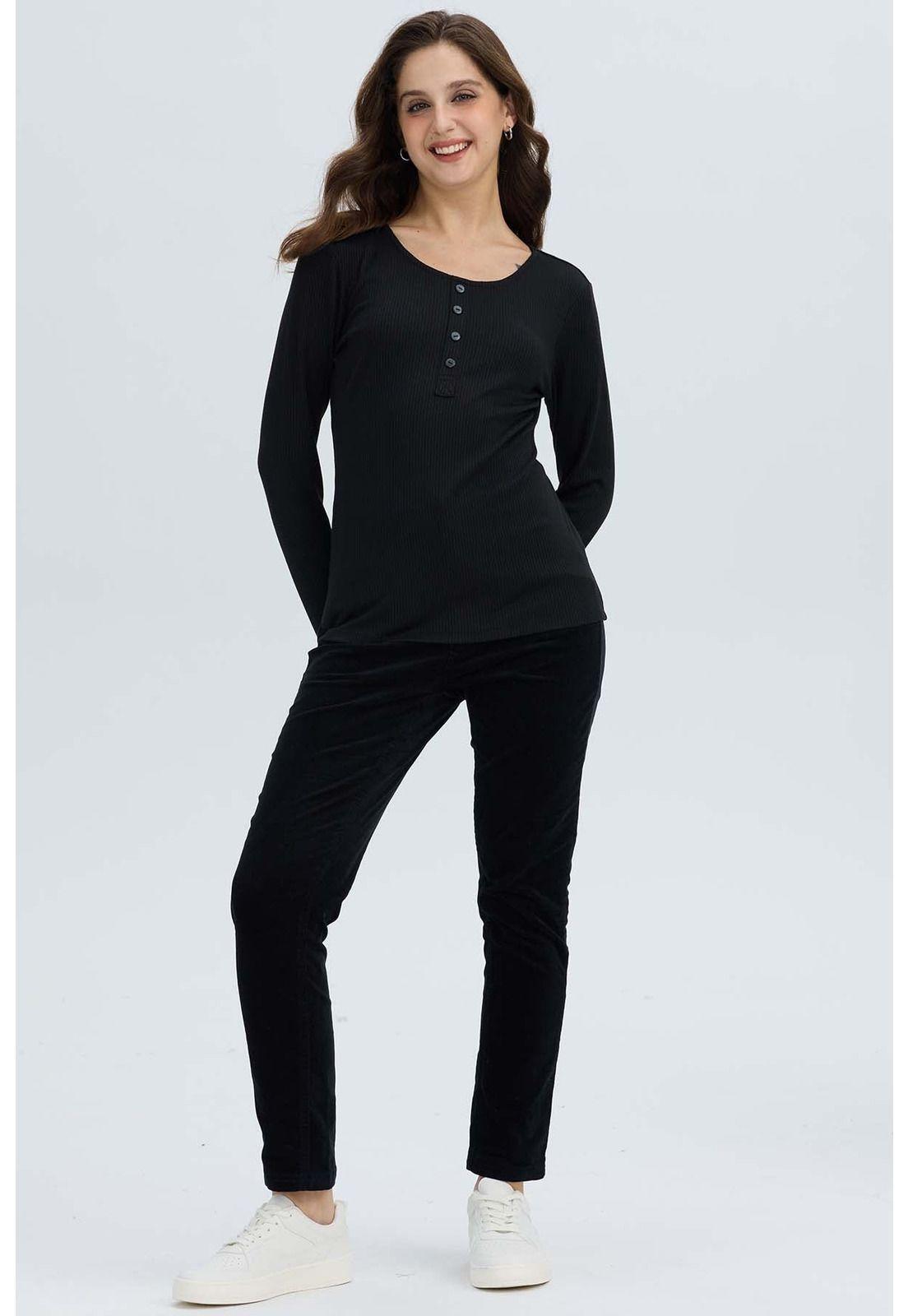 Polera Mujer Botón Rib Lisa Negro-3