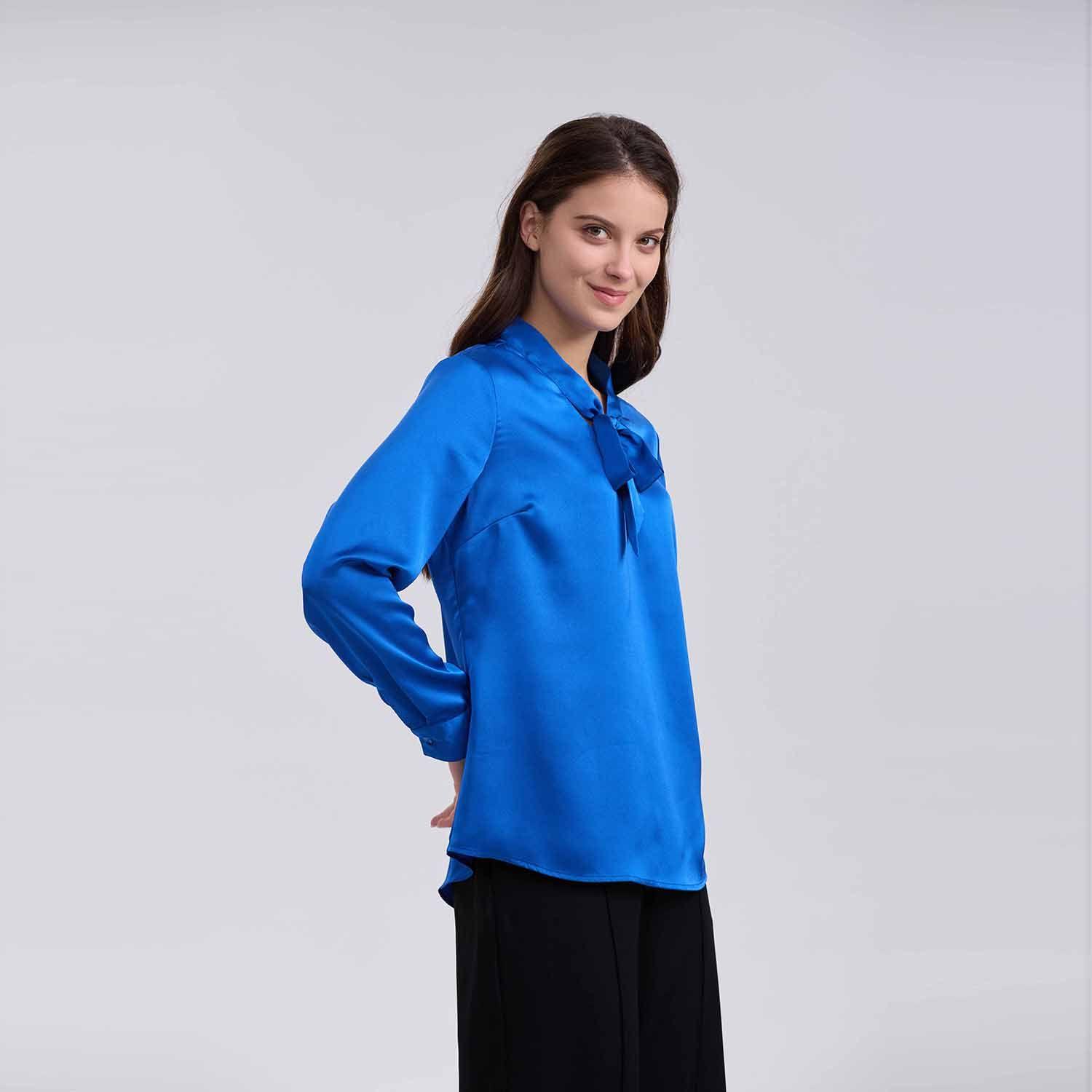 Blusa Mujer Lisa Con Lazo Azul-1