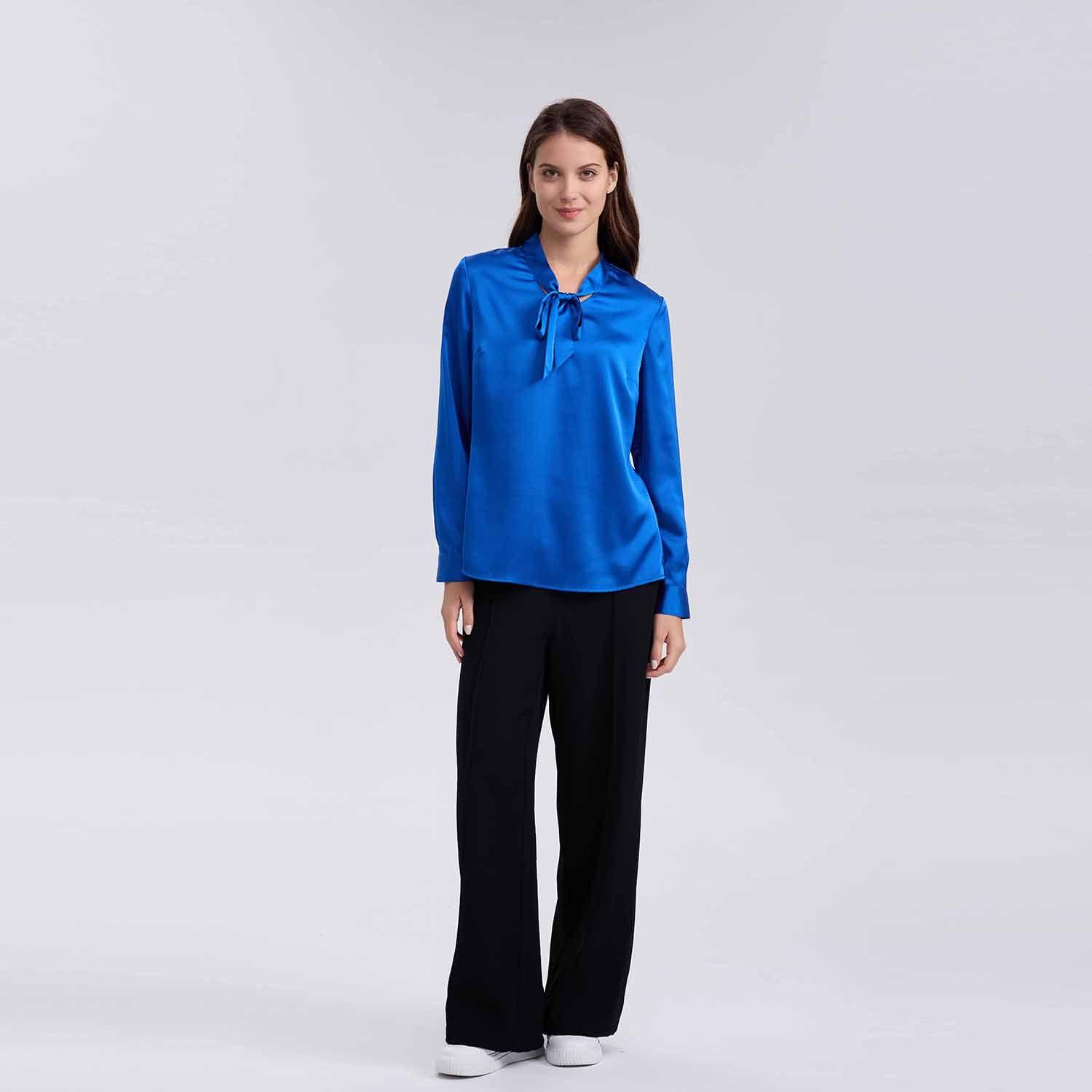 Blusa Mujer Lisa Con Lazo Azul-3
