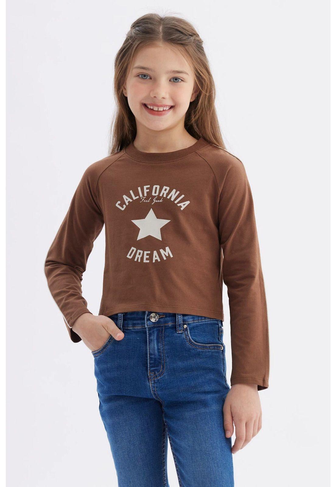 Polera Niña Piping Y Print Café-0