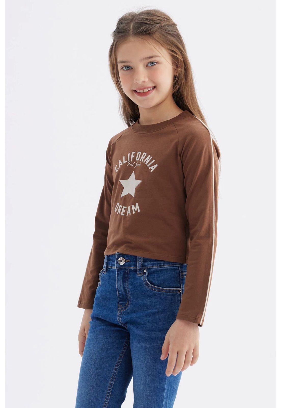 Polera Niña Piping Y Print Café-1