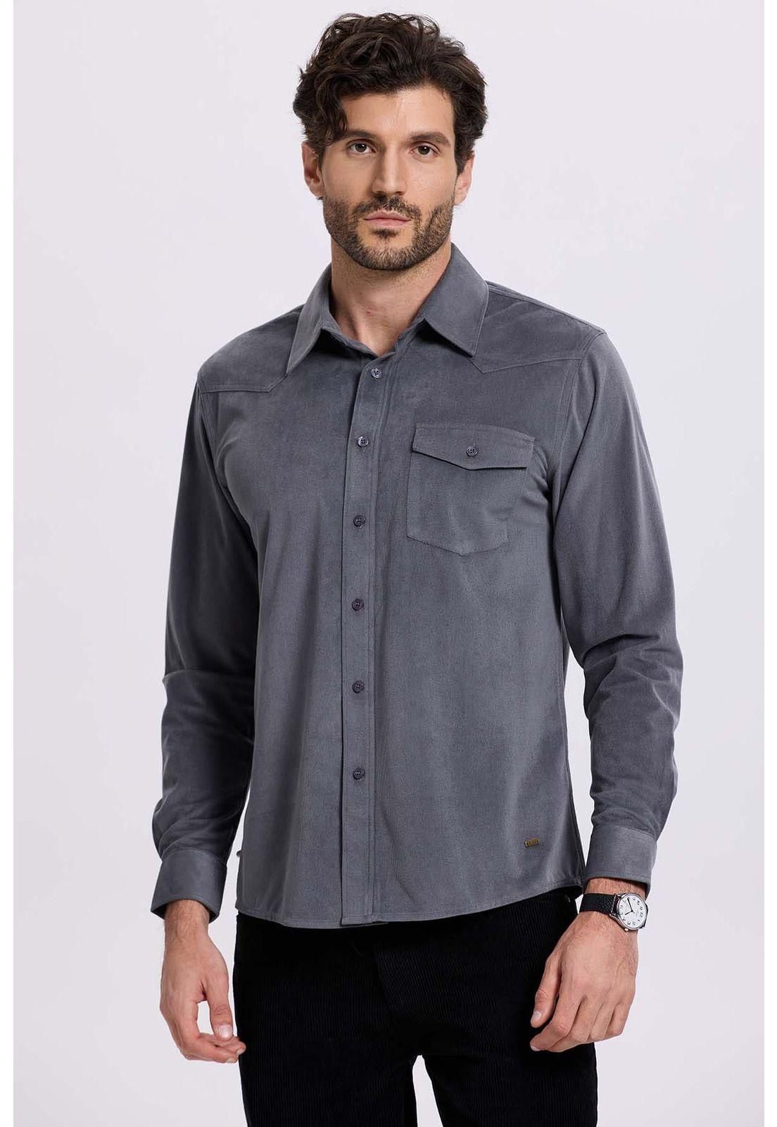 Camisa Hombre Cotelé Con Bolsillo Gris-0