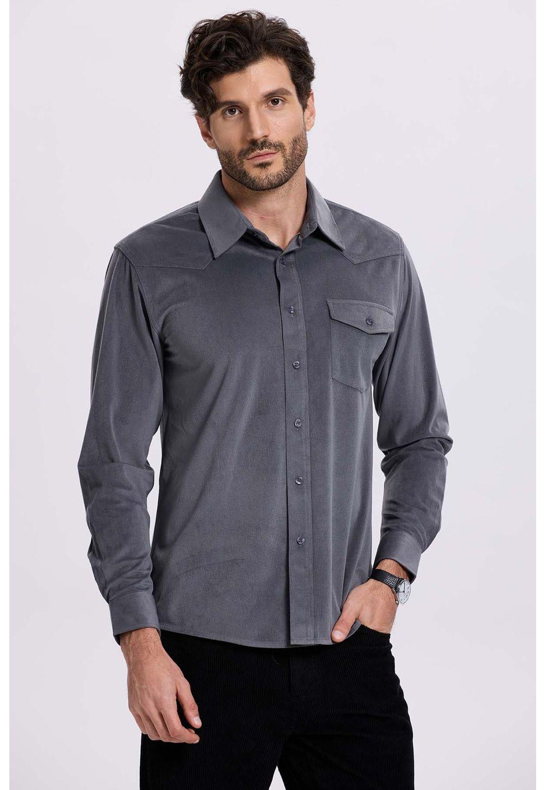 Camisa Hombre Cotelé Con Bolsillo Gris-1