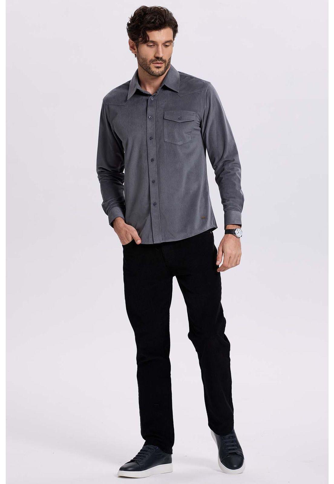 Camisa Hombre Cotelé Con Bolsillo Gris-3