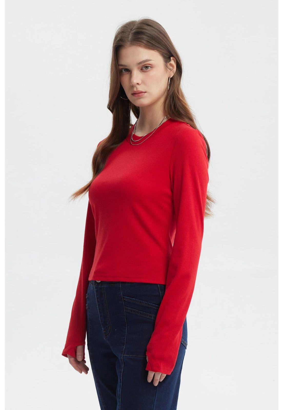 Polera Mujer Rib Abertura Puño Rojo-1