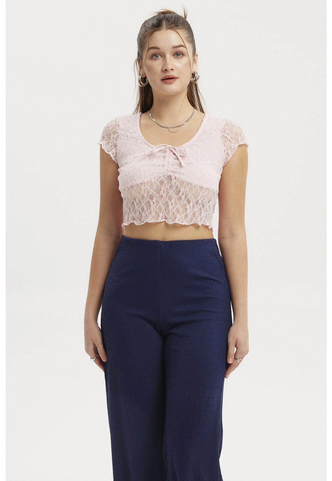 Polera Mujer Encaje Con Lazo Rosado-0