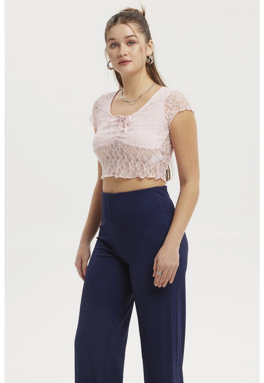 Polera Mujer Encaje Con Lazo Rosado-1
