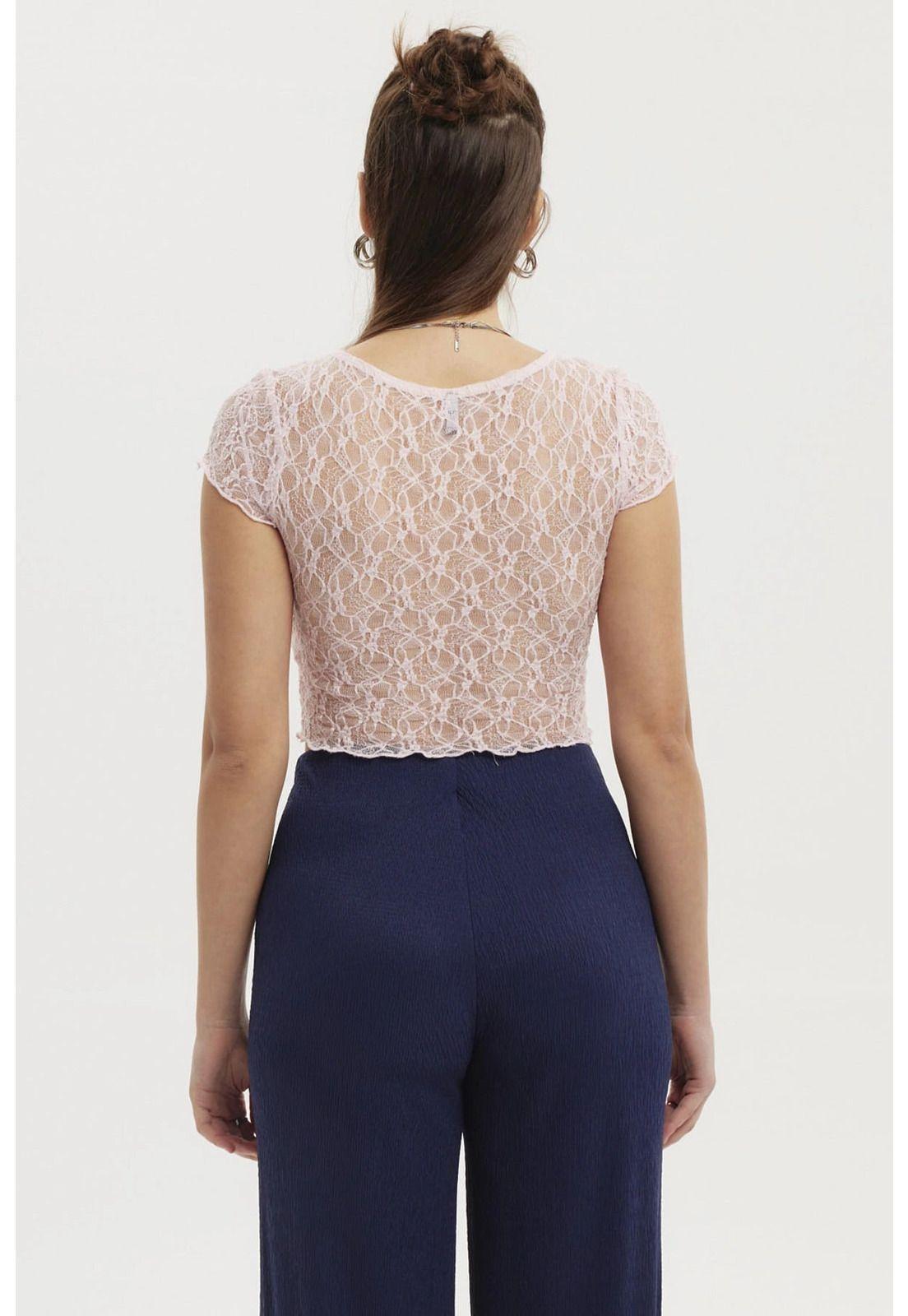 Polera Mujer Encaje Con Lazo Rosado-2