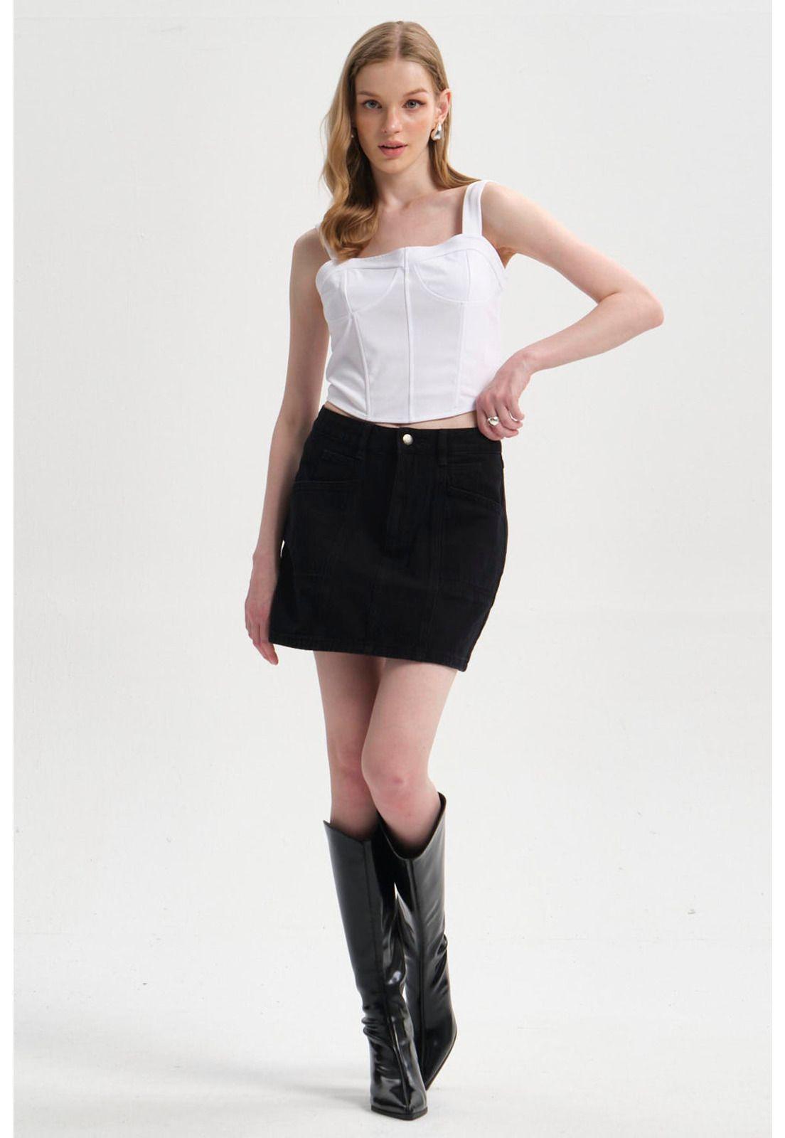 Falda Mujer Corte Bolsillo Negro-3