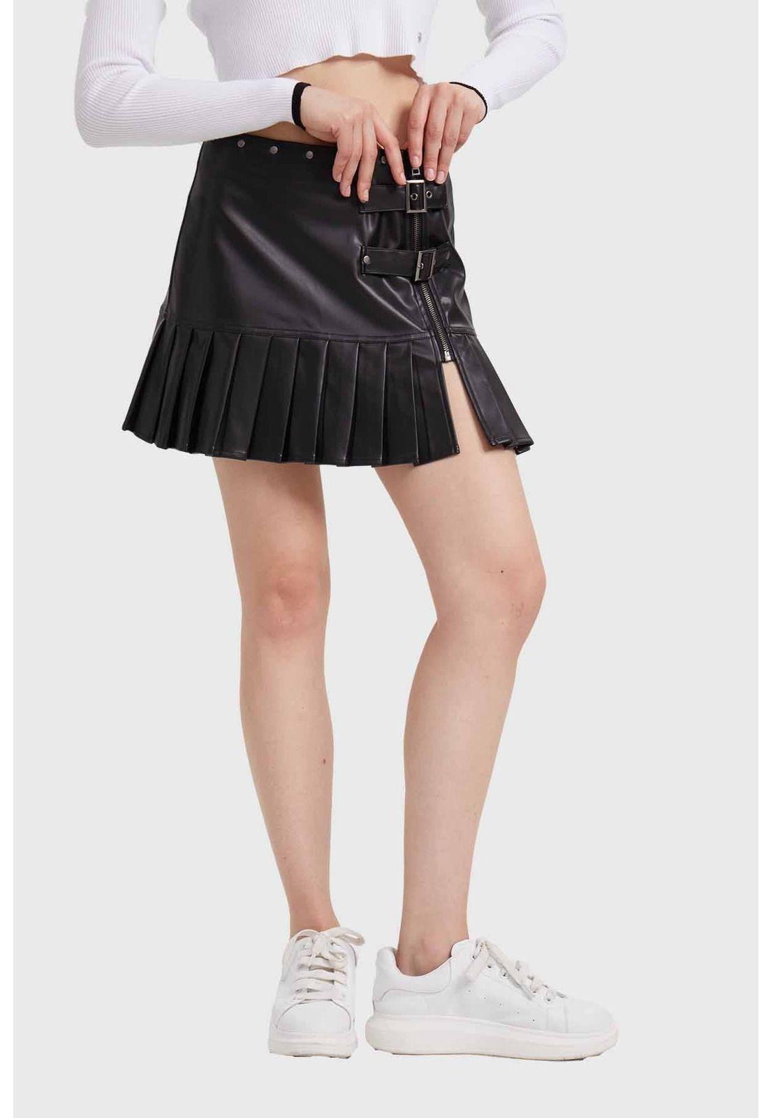 Falda Mujer Tableada Efecto Cuero Negro-0