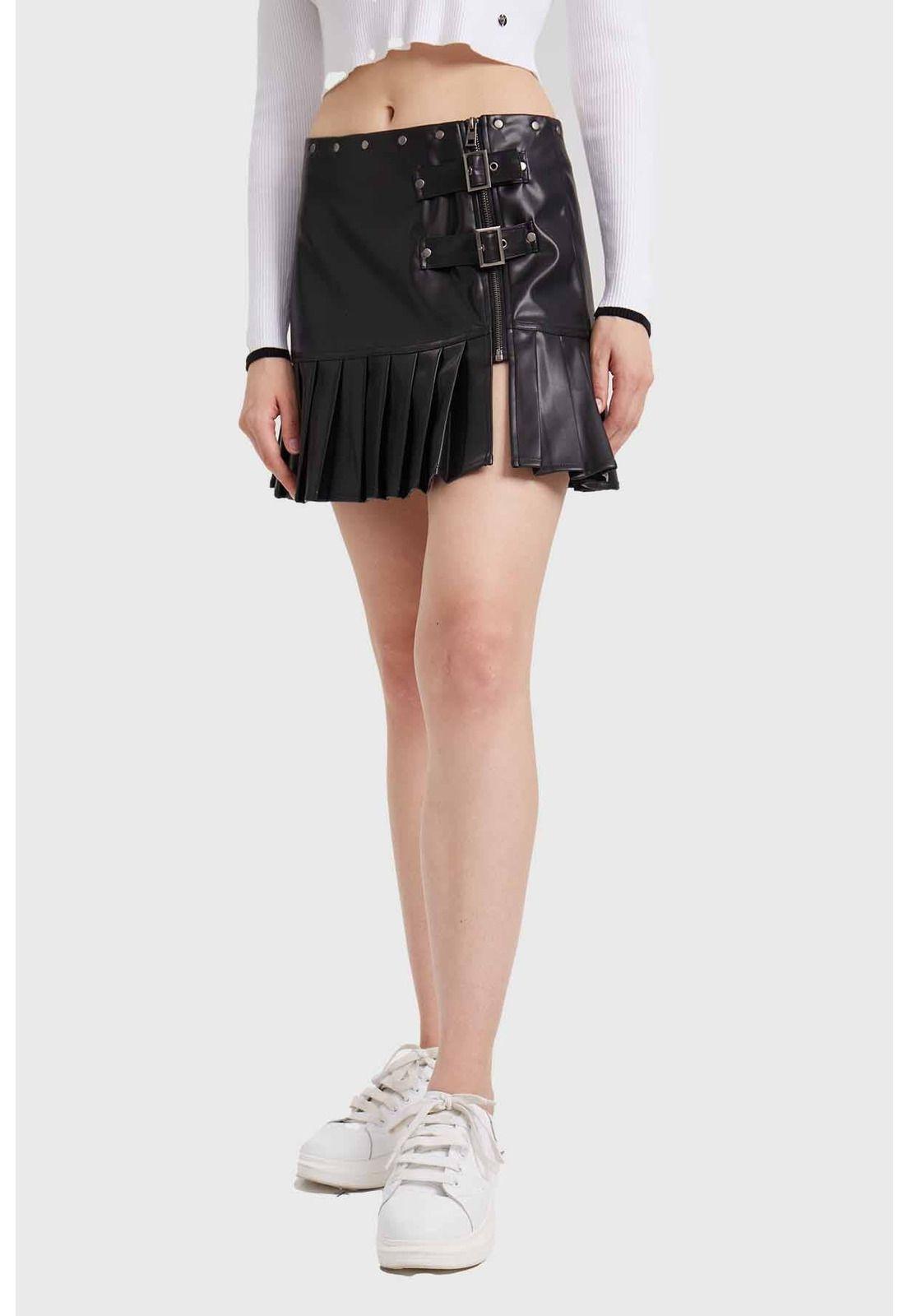 Falda Mujer Tableada Efecto Cuero Negro-1