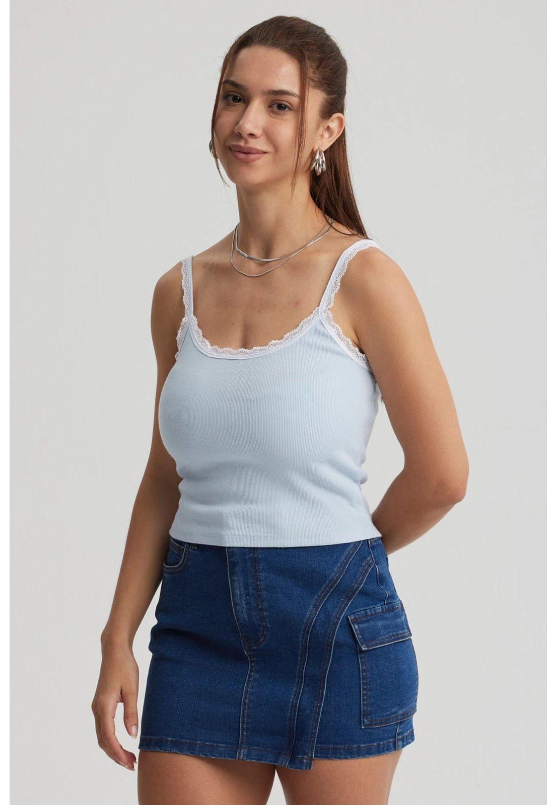 Polera Mujer Encaje Escote Celeste Oscuro-0