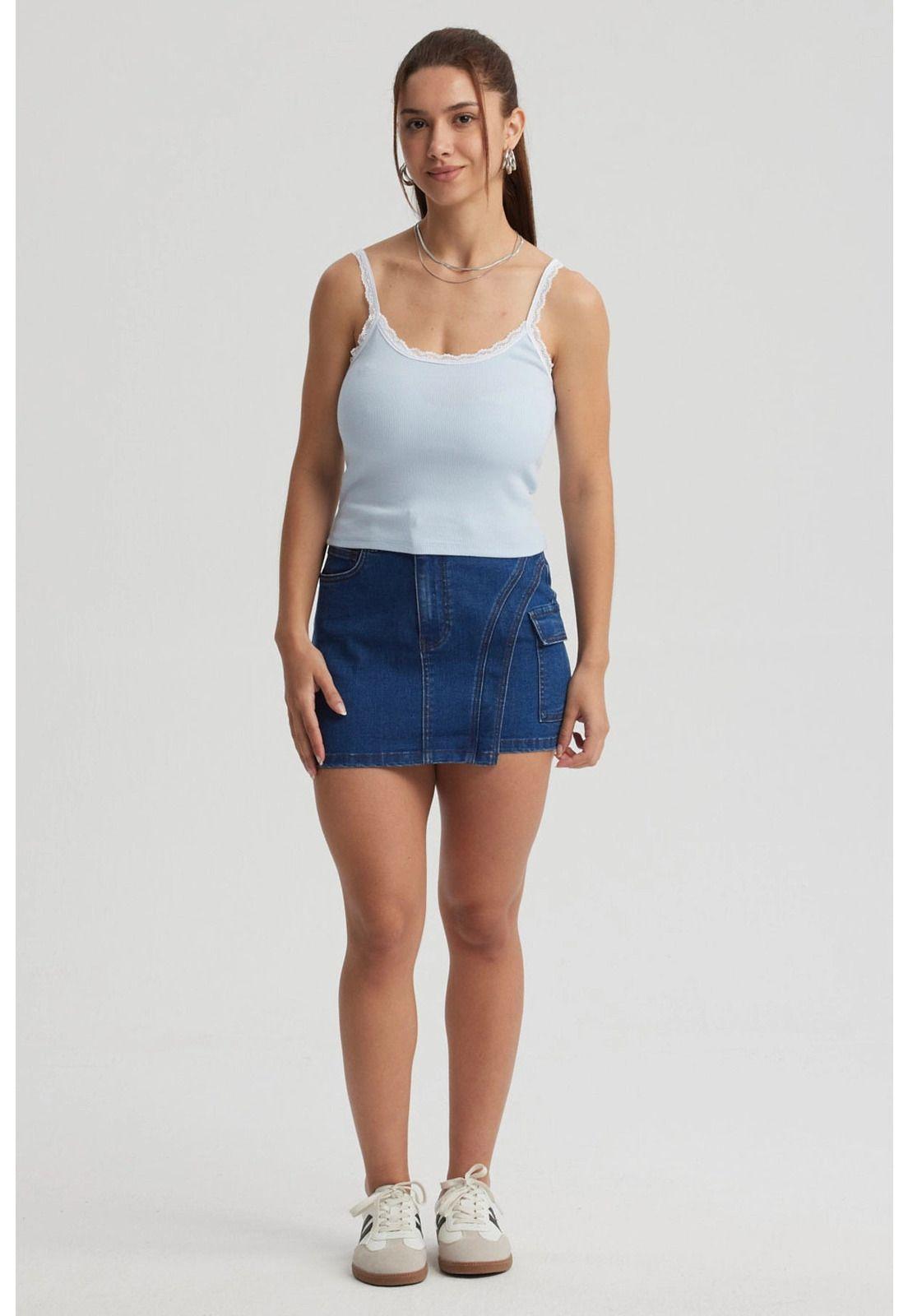 Polera Mujer Encaje Escote Celeste Oscuro-3