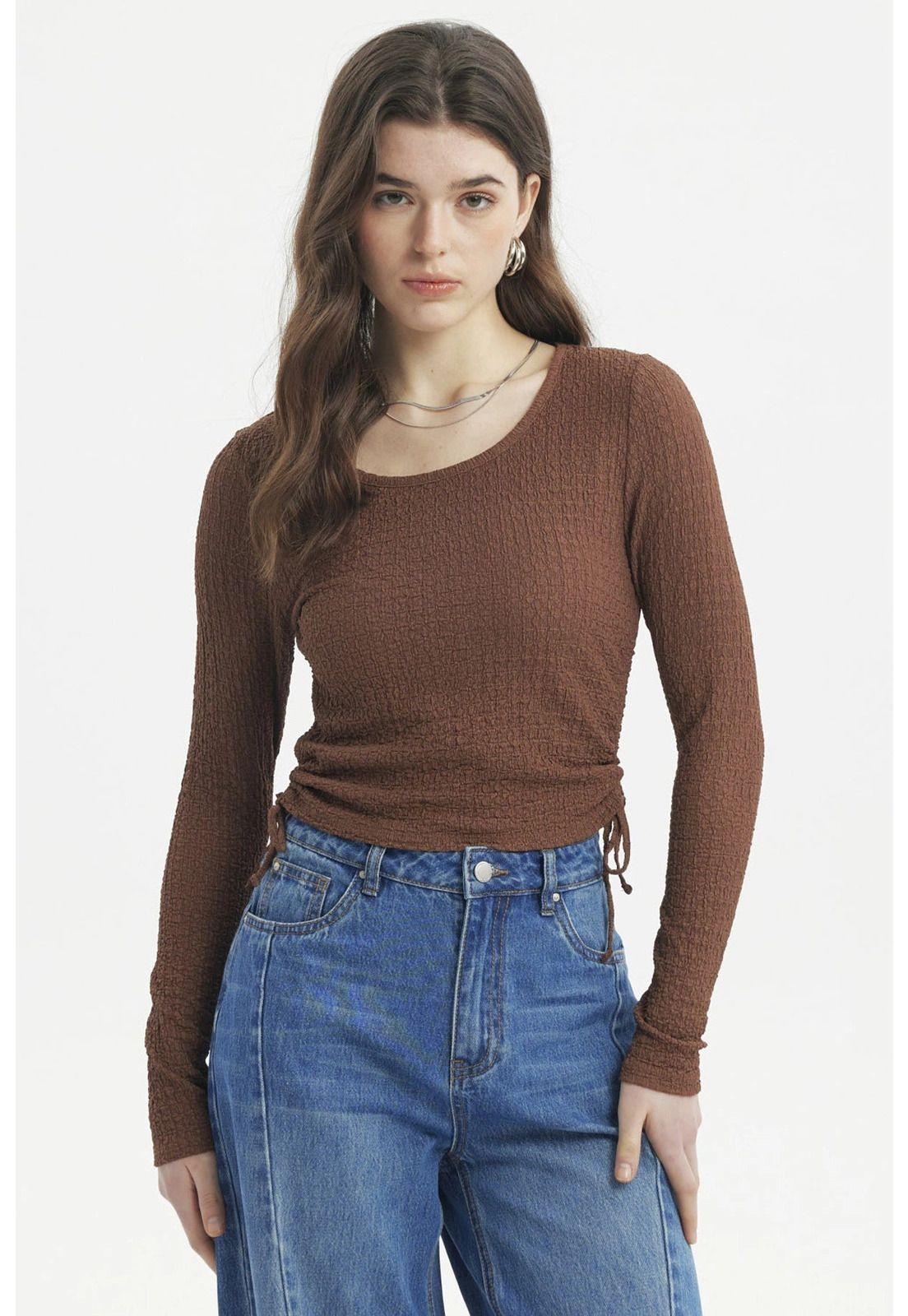 Polera Mujer Jacquard Recogido Café-0