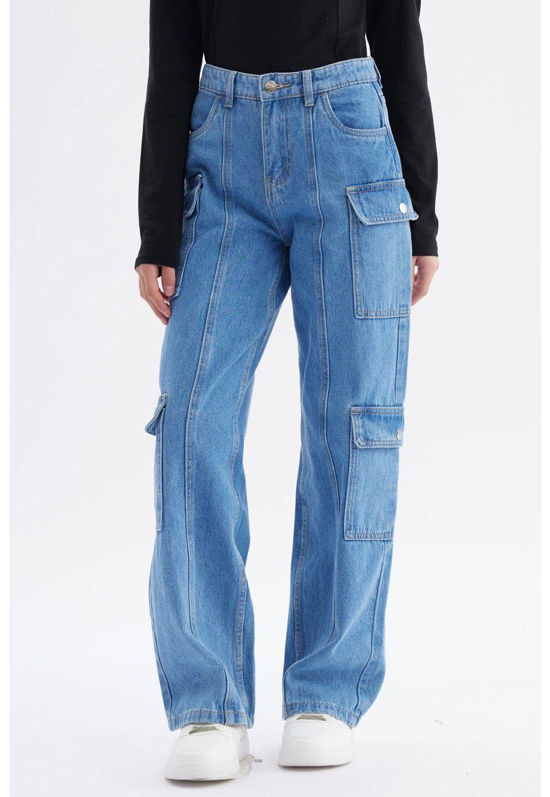 Jeans Niña Cargo Con Dos Bolsillos Azul-0