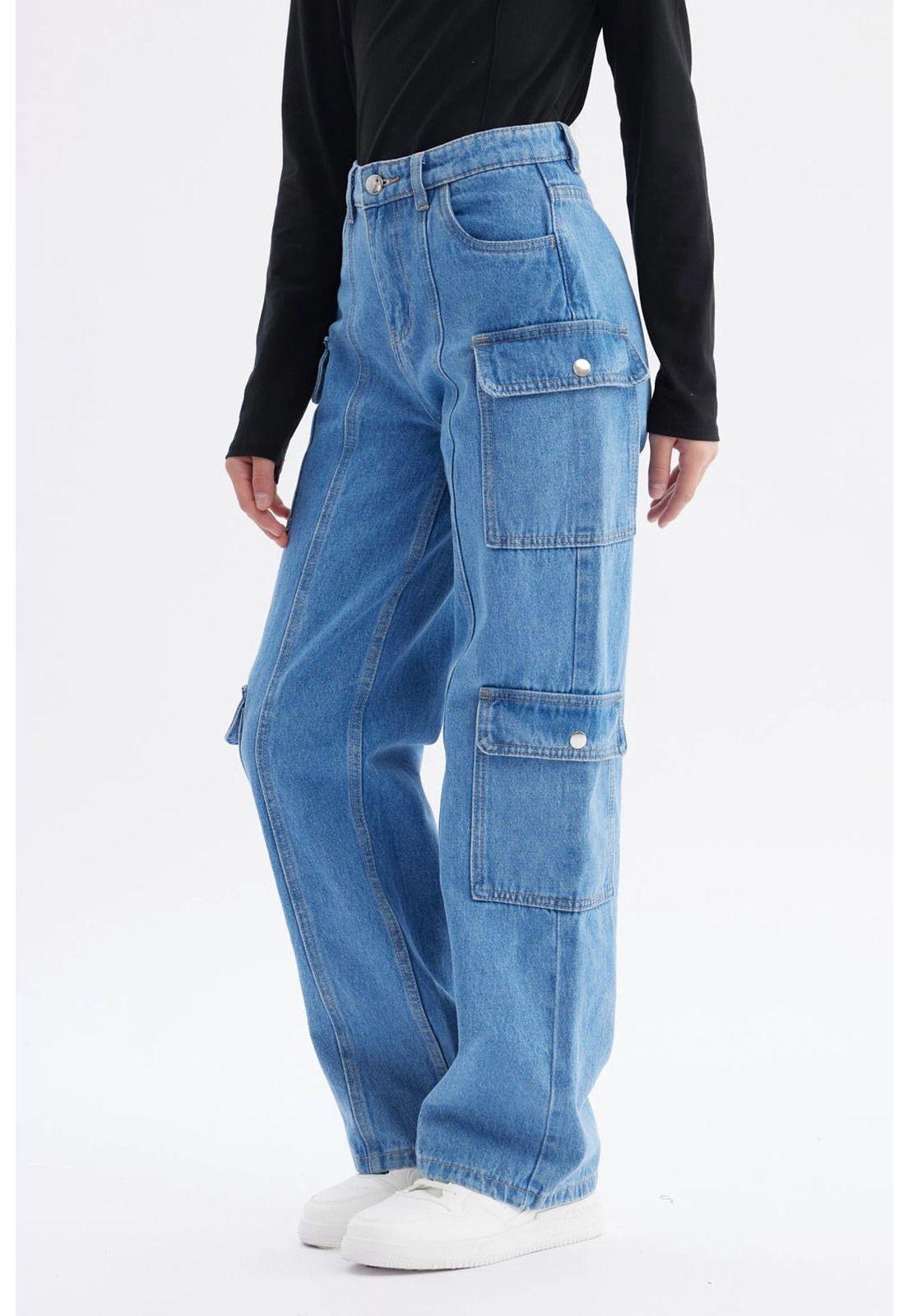 Jeans Niña Cargo Con Dos Bolsillos Azul-1