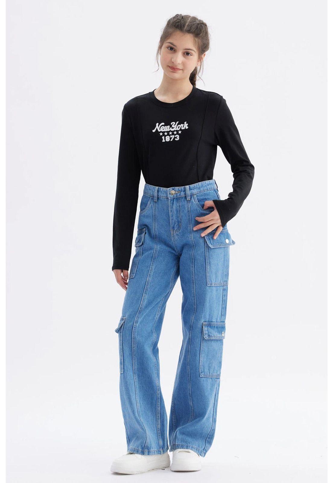 Jeans Niña Cargo Con Dos Bolsillos Azul-3
