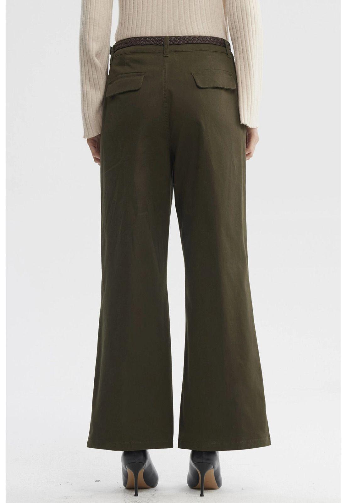 Pantalón Mujer Gabardina Con Cinturón Verde Musgo-2