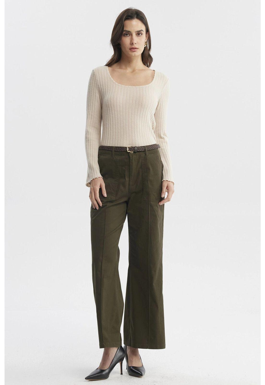 Pantalón Mujer Gabardina Con Cinturón Verde Musgo-3