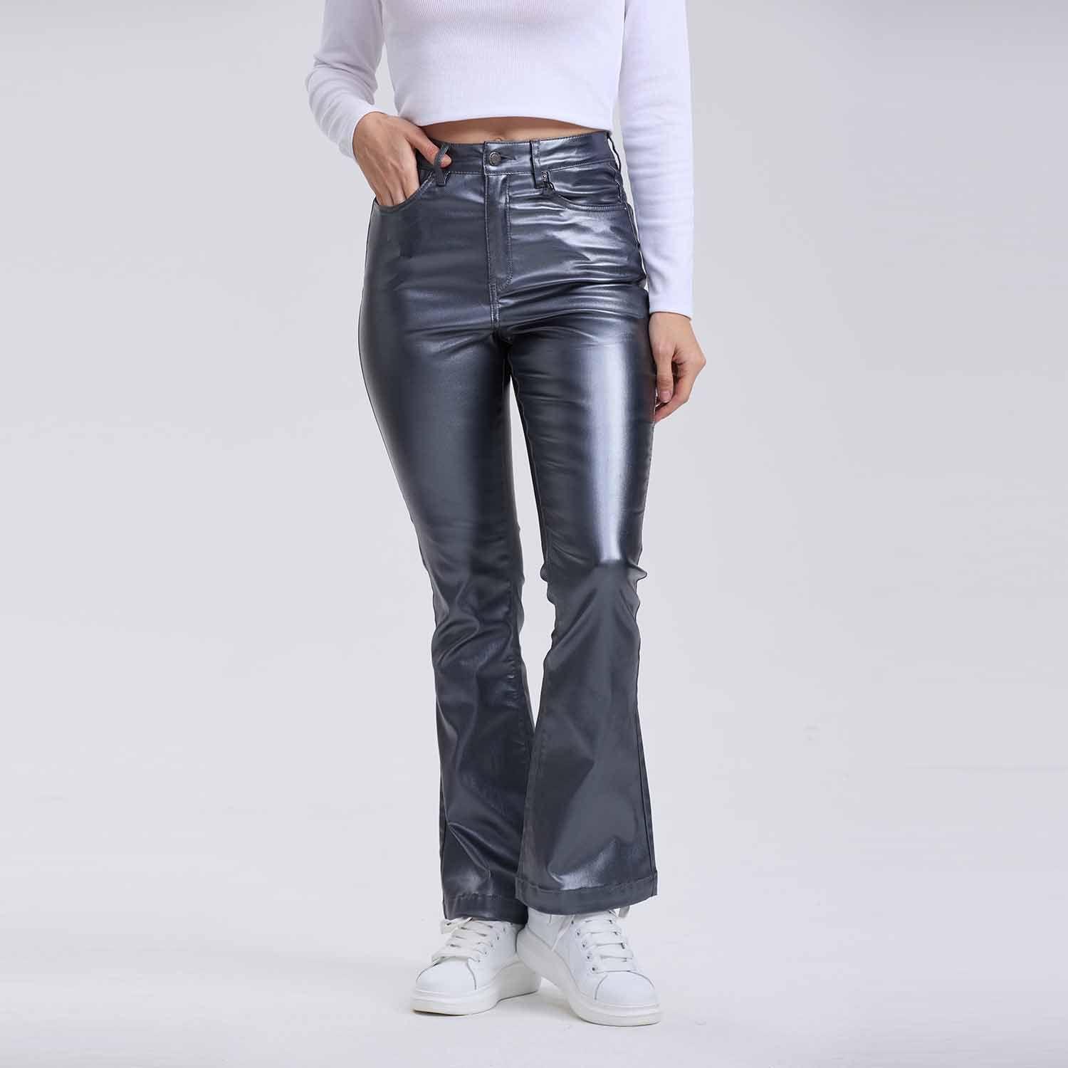 Jeans Mujer Flare Engomado Gris Oscuro-0