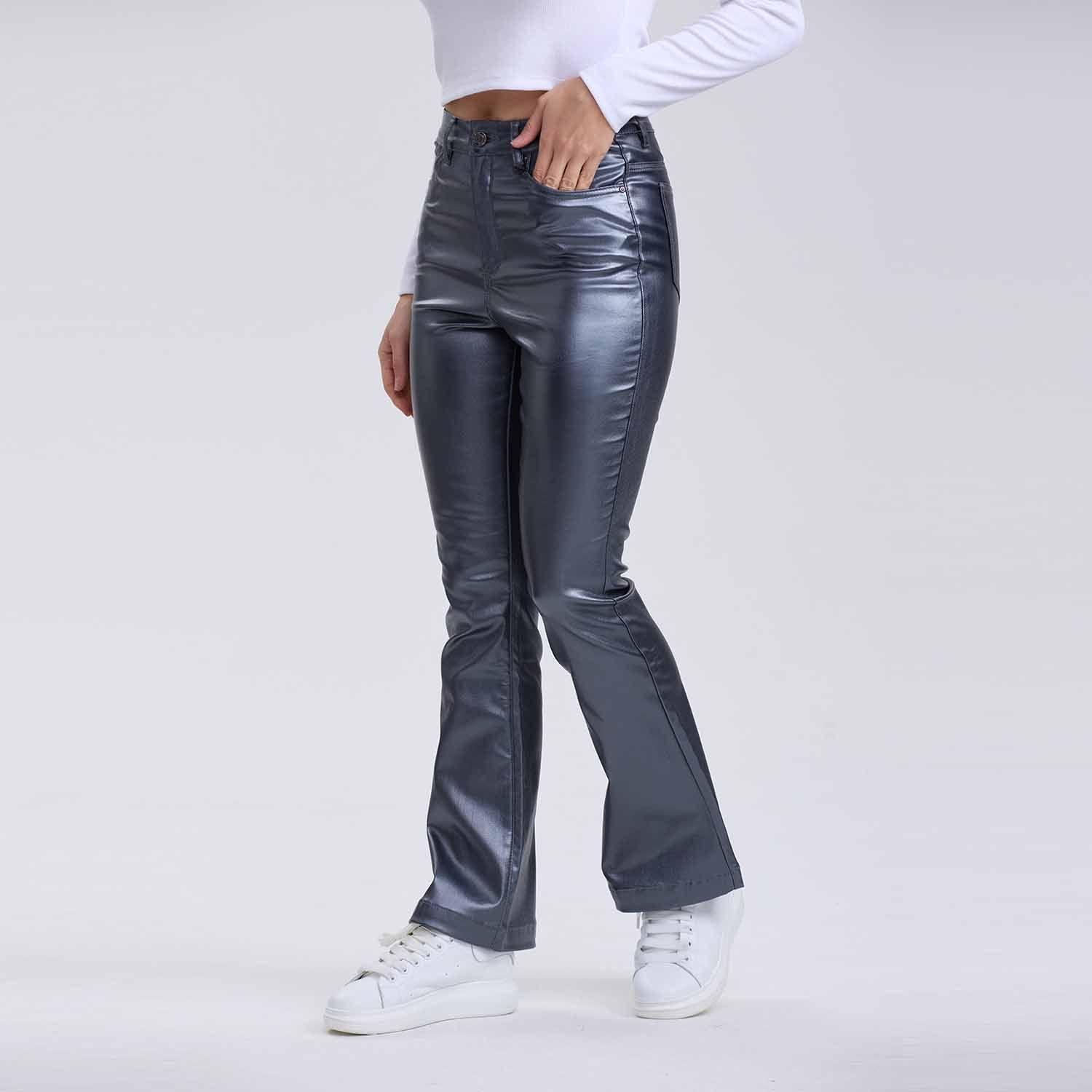 Jeans Mujer Flare Engomado Gris Oscuro-1